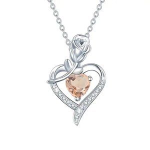 New Rose & Heart Shape Inlaid Shiny Zircon Elegant November Birthstone Necklace
